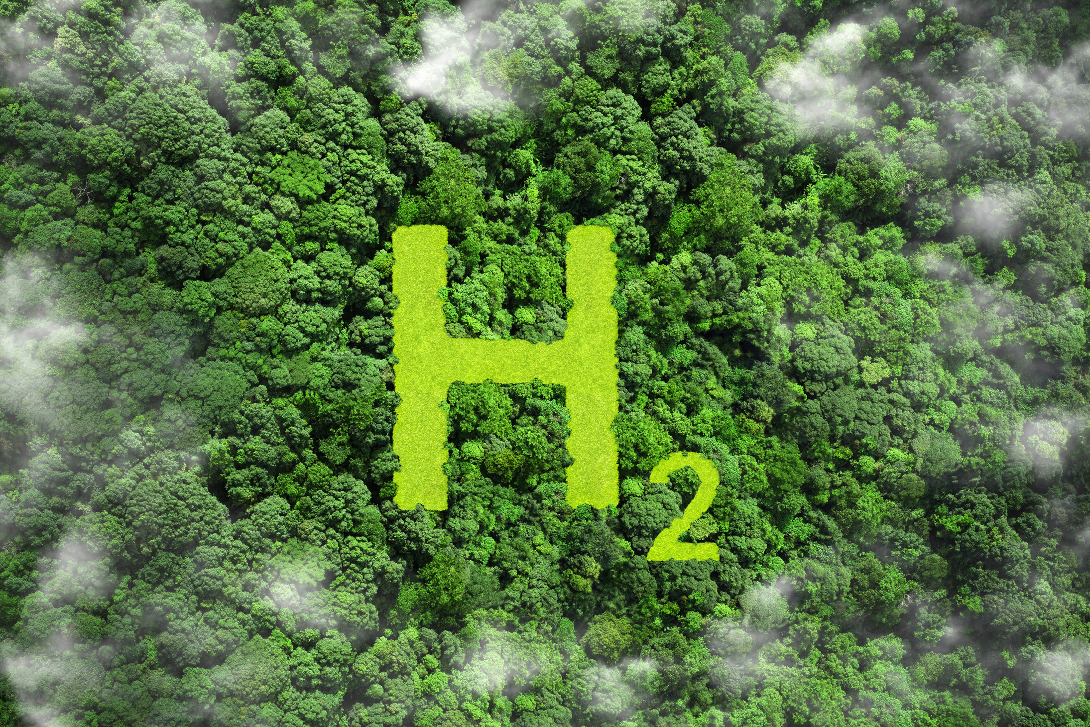 H2 eco technology Renewable Clean energy. H2 symbol on green grass in the forest. Green Energy Hydrogen. Hydrogen's environmental friendliness and Potential as a future fuel.H2 hydrogen innovation.